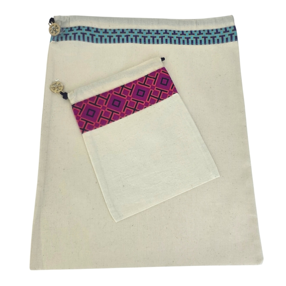 Tory Burch Canvas Drawstring Dust Cover Bags Storage Travel Goldtone Logo Pulls